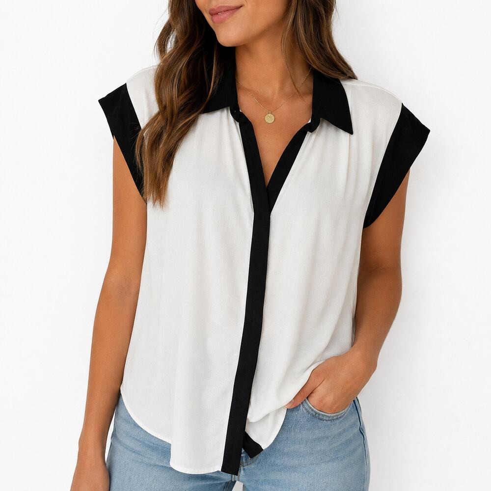 7 For All Mankind Black & White Colorblock Cap Sleeve Blouse Sz XS